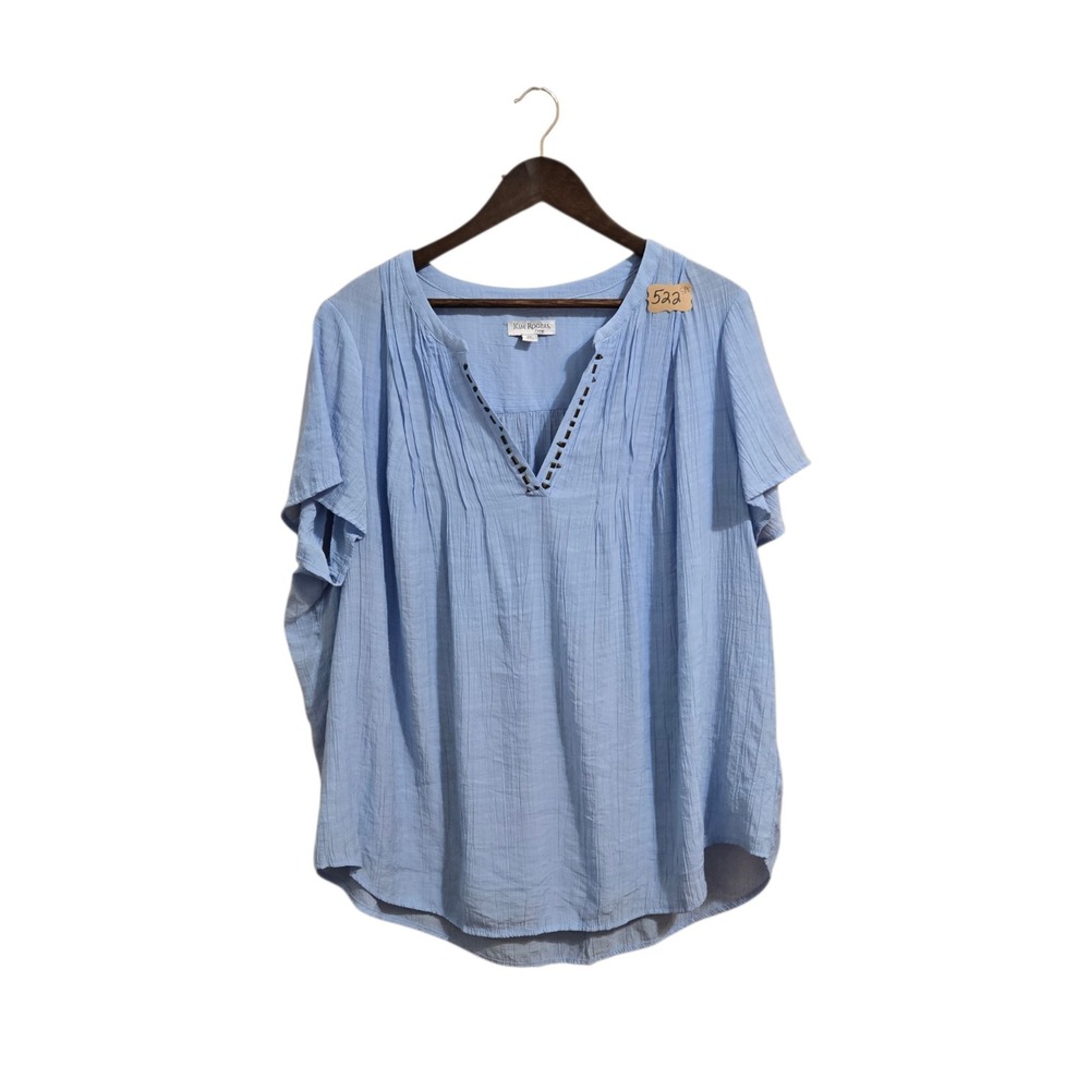 Kim Rogers Curvy Women's Blouse Size 1X Short Sleeve V Neck Light Blue Resort